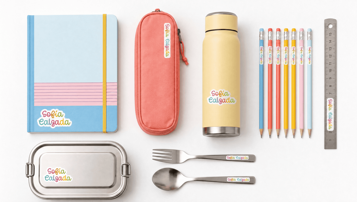 Útiles escolares personalizados con etiquetas: libreta, estuche, termo, lápices, lonchera y cubiertos.